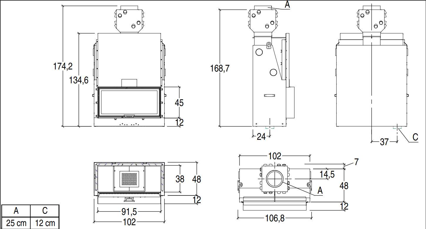 Esquema de medidas y dimensiones para la instalación del hogar monobloque Piazzetta ME 90 de 90 cm de ancho.