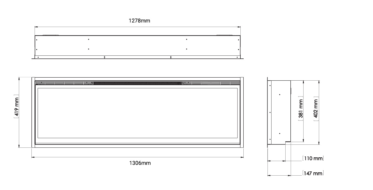 Plano técnico con dimensiones y guía de encastre para el modelo Dimplex Night Evolve
