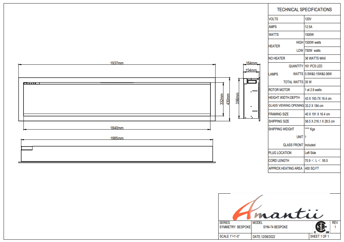 Plano de dimensiones y especificaciones técnicas para instalación de Amantii SYM Bespoke.