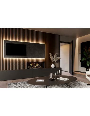 Chimenea panorámica DRU Virtuo como pieza central en un proyecto de arquitectura interior.