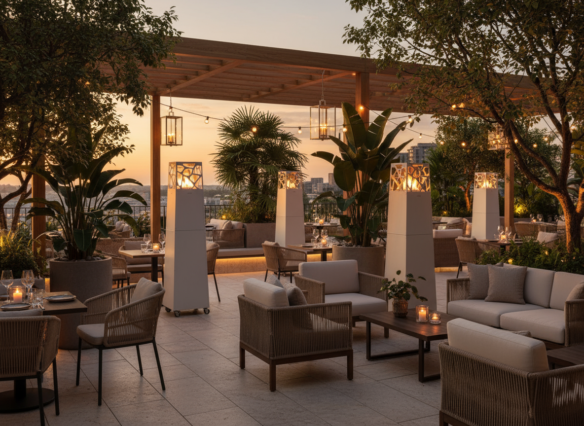 Conjunto de estufas de gas Planika Pyramid iluminando una terraza chill out al atardecer