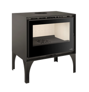 Estufa de leña Enya 49 con patas de diseño contemporáneo, cuerpo de acero negro y amplia visión del fuego con interior claro