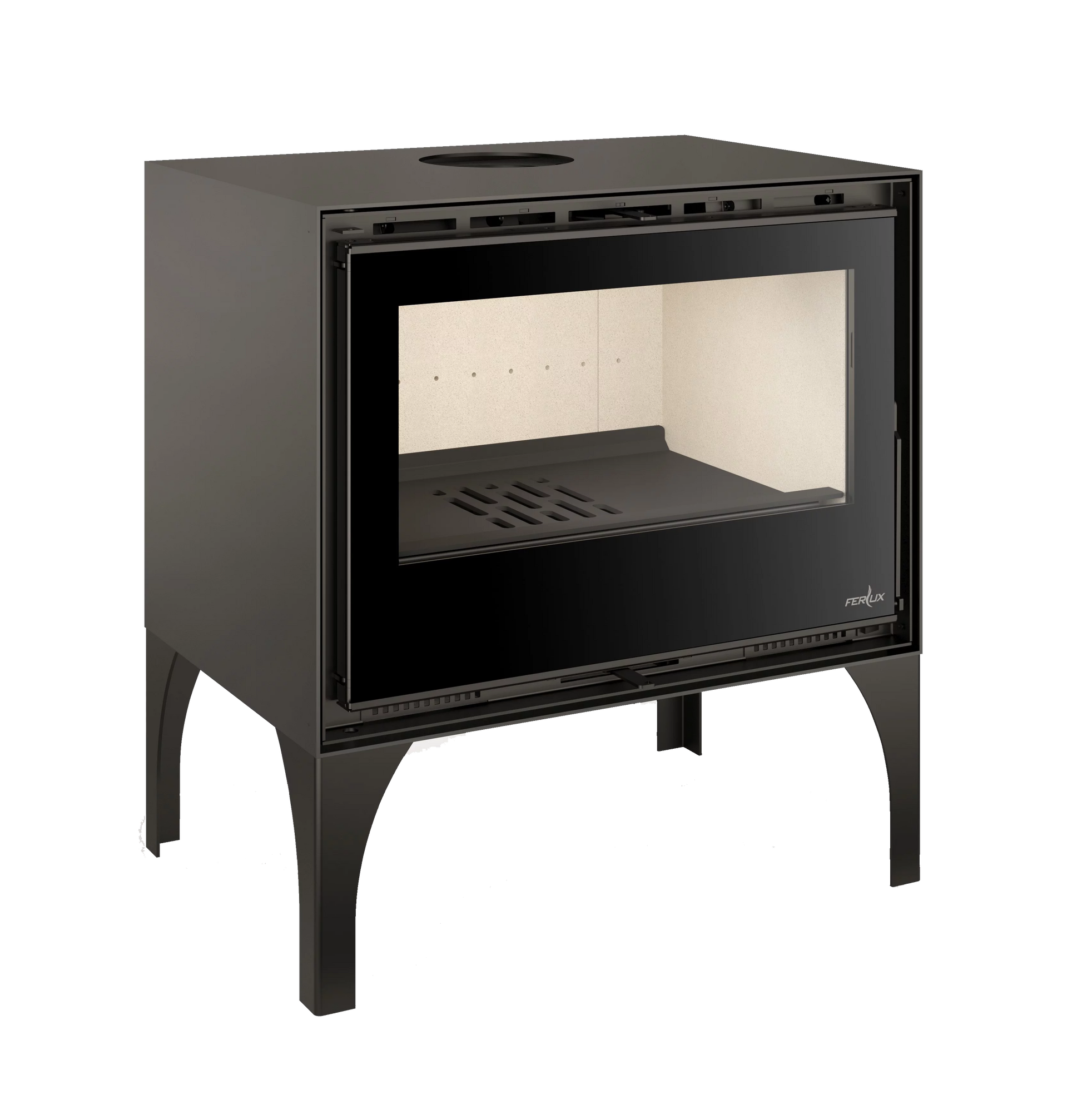 Estufa de leña Enya 49 con patas de diseño contemporáneo, cuerpo de acero negro y amplia visión del fuego con interior claro