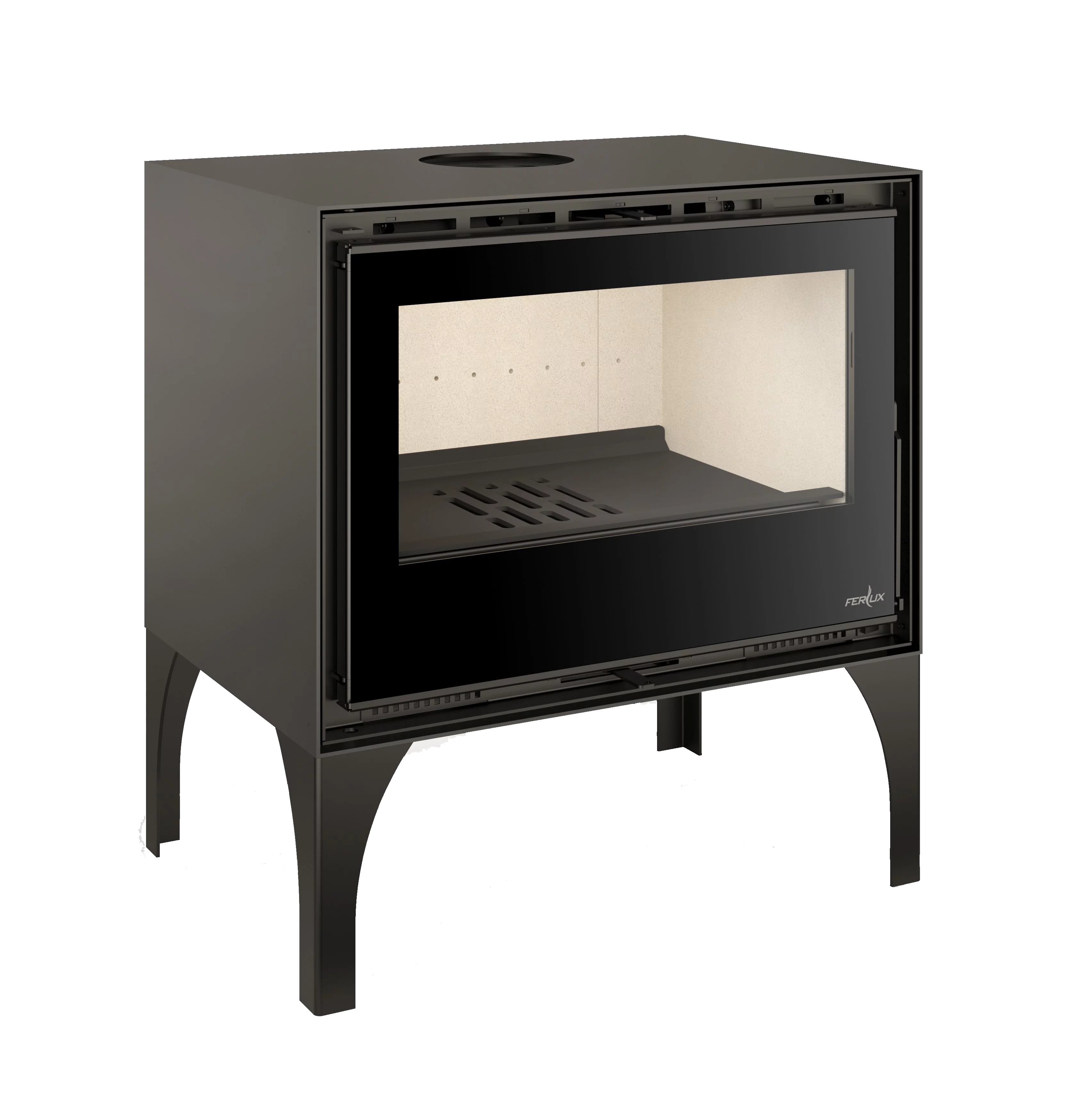 Estufa de leña Enya 49 con patas de diseño contemporáneo, cuerpo de acero negro y amplia visión del fuego con interior claro