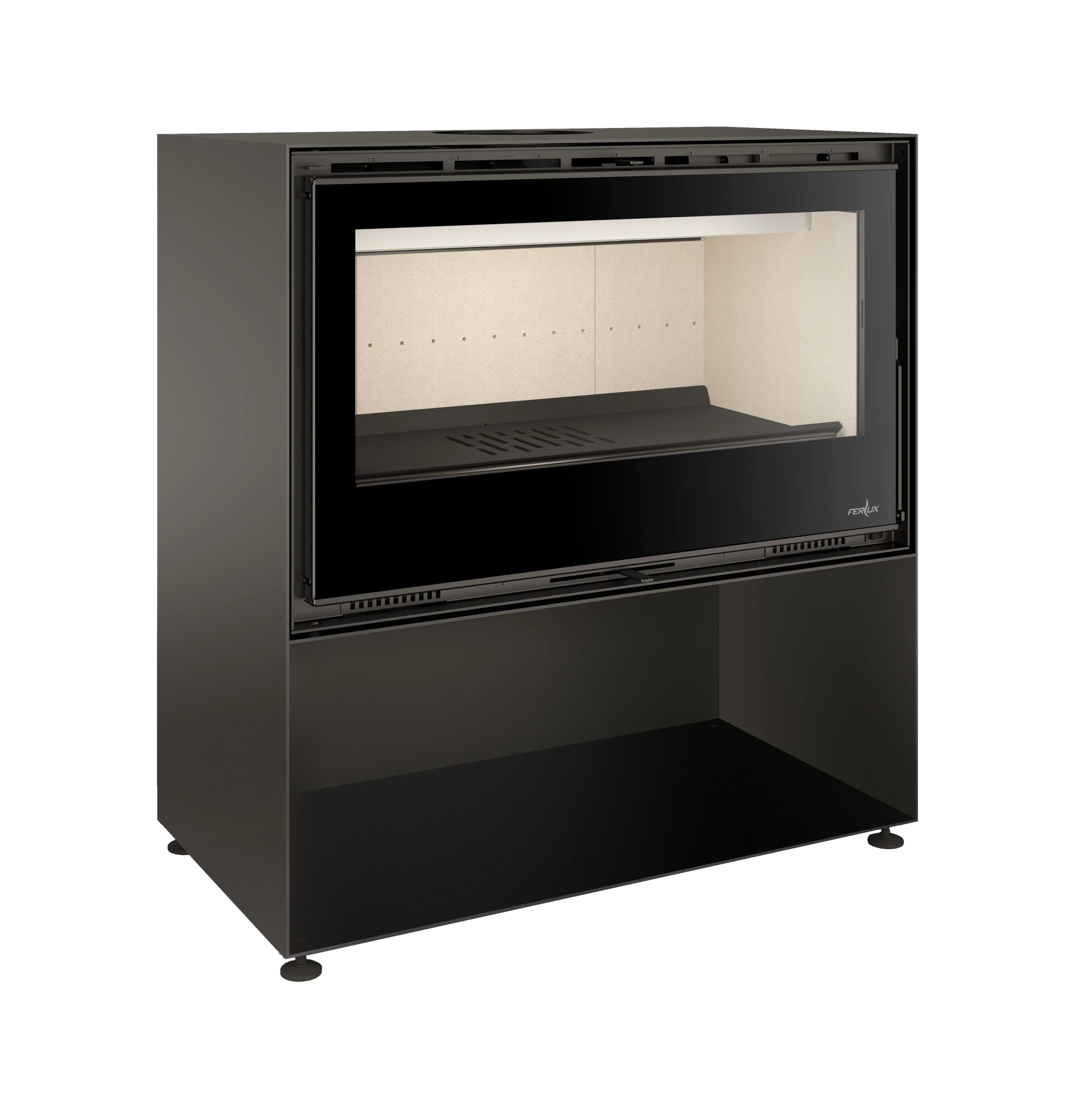 Estufa de leña Enya con leñero y fondo interior negro, ofreciendo una estética minimalista y elegante.