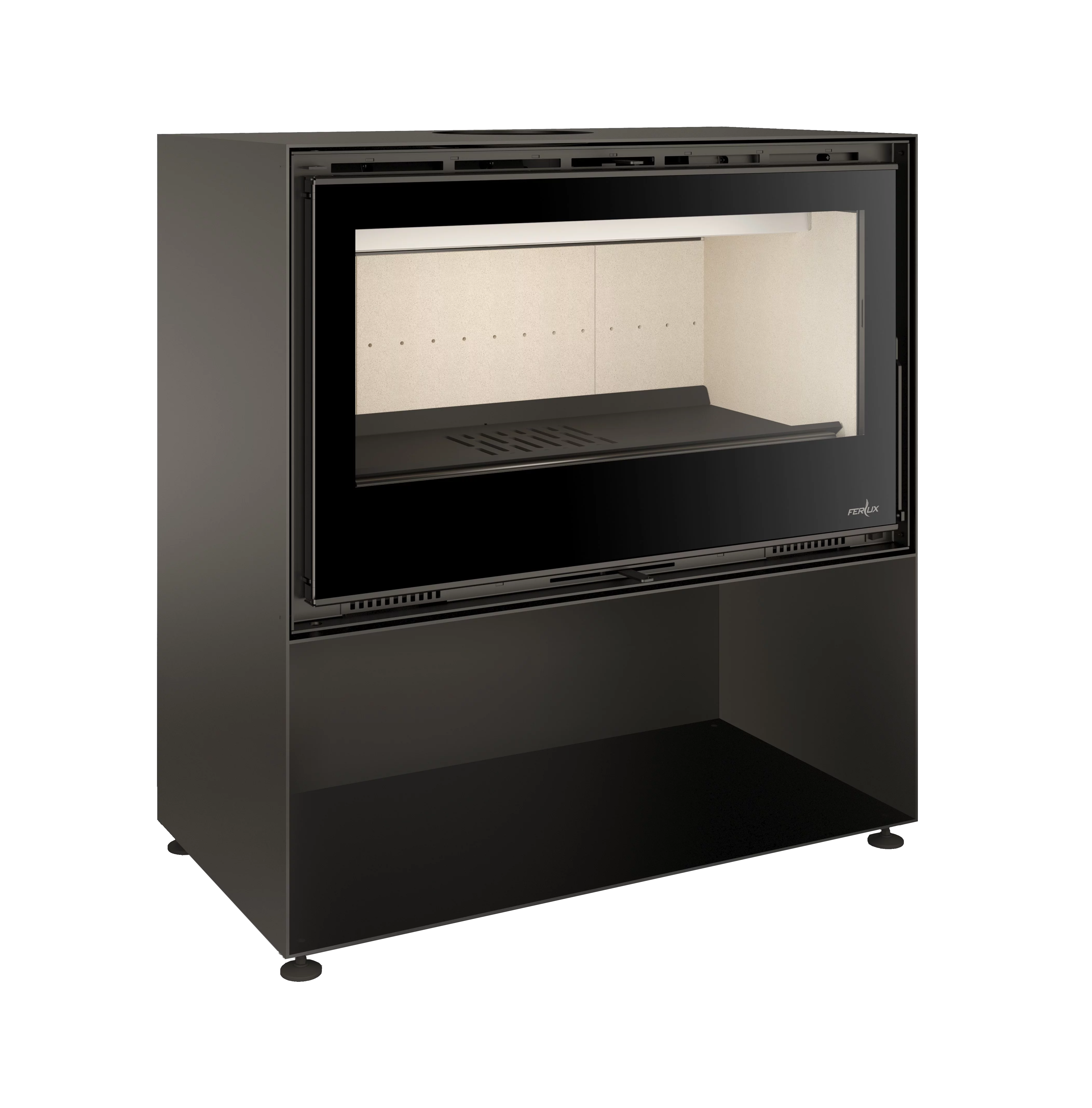 Estufa de leña Enya con leñero y fondo interior negro, ofreciendo una estética minimalista y elegante.