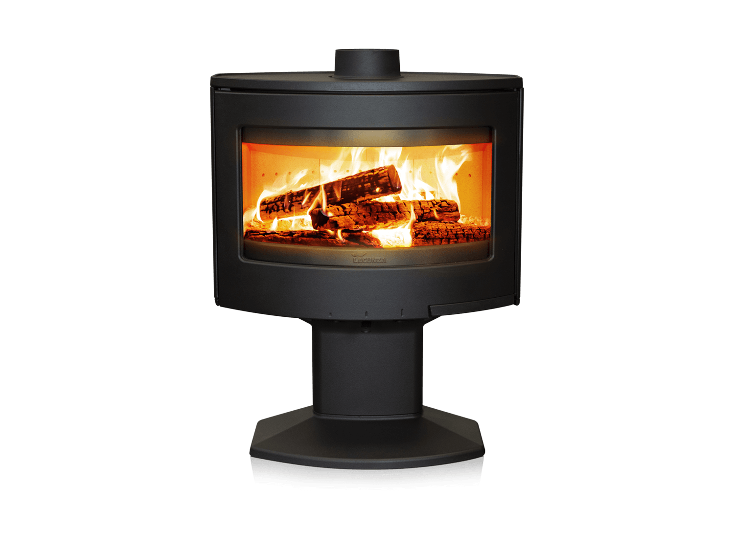 Estufa de leña Lacunza Tarbes con diseño circular vintage, base de pedestal y gran cristal curvo para visión panorámica del fuego