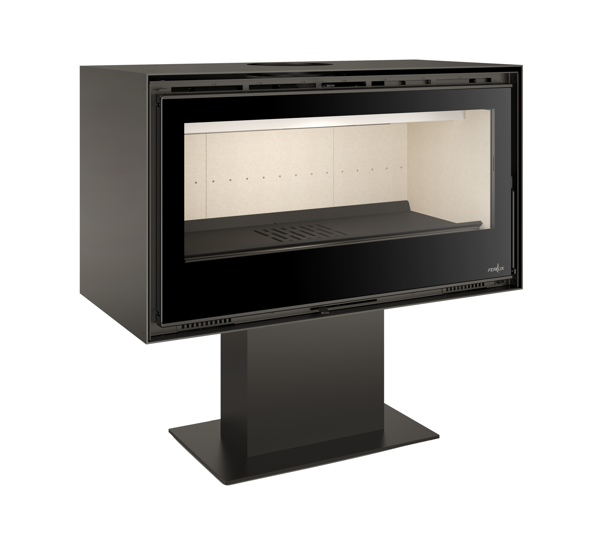 Estufa exenta Enya con pedestal y revestimiento interior cerámico blanco para mayor luminosidad de llama.