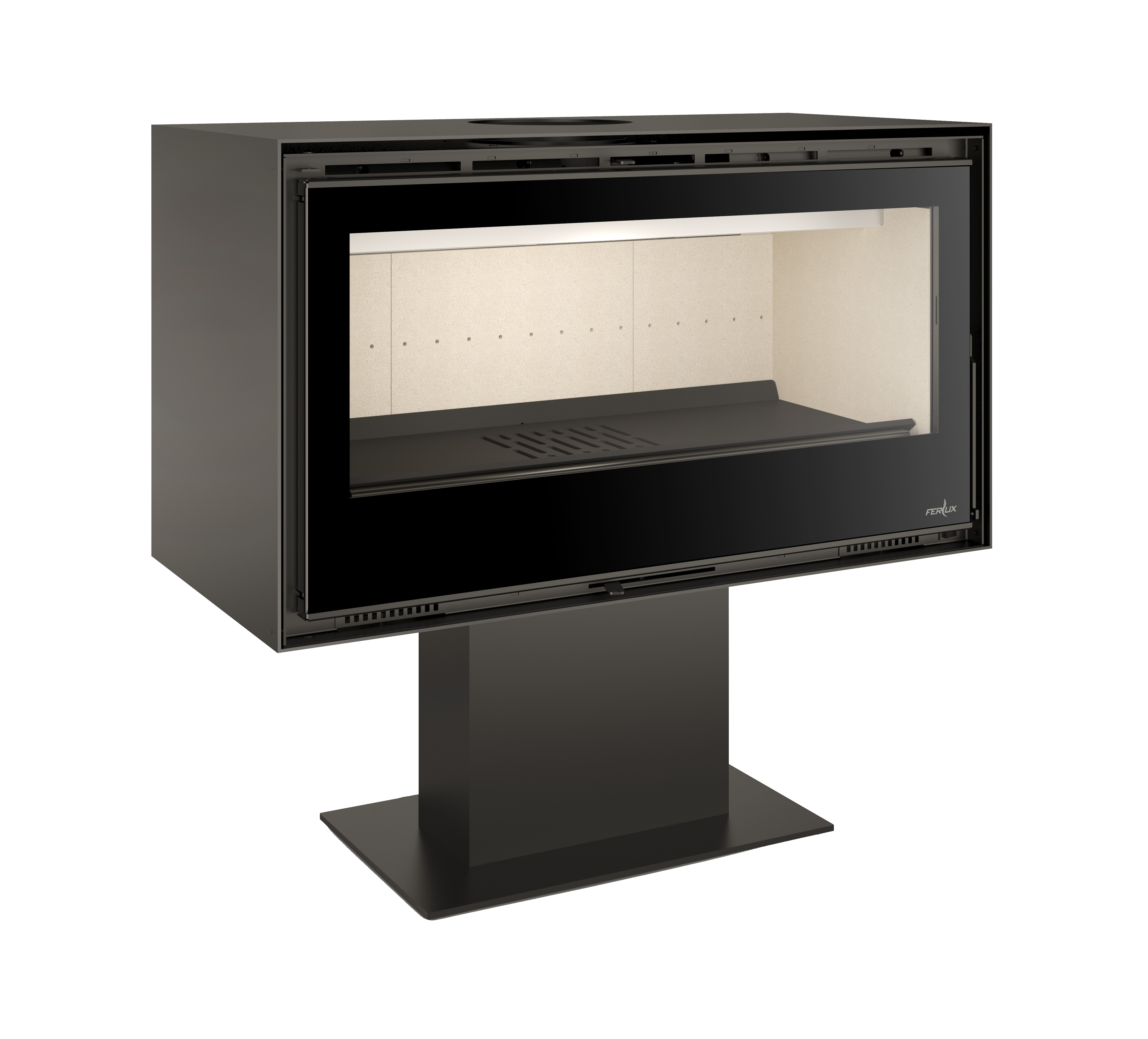 Estufa exenta Enya con pedestal y revestimiento interior cerámico blanco para mayor luminosidad de llama.