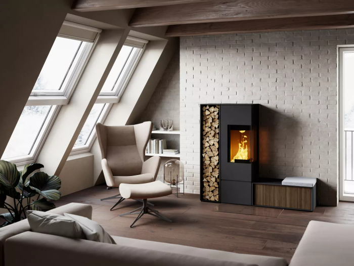 Sistema de estufa de leña modular Rika Connect con módulos de almacenamiento de leña laterales y diseño de salón moderno.