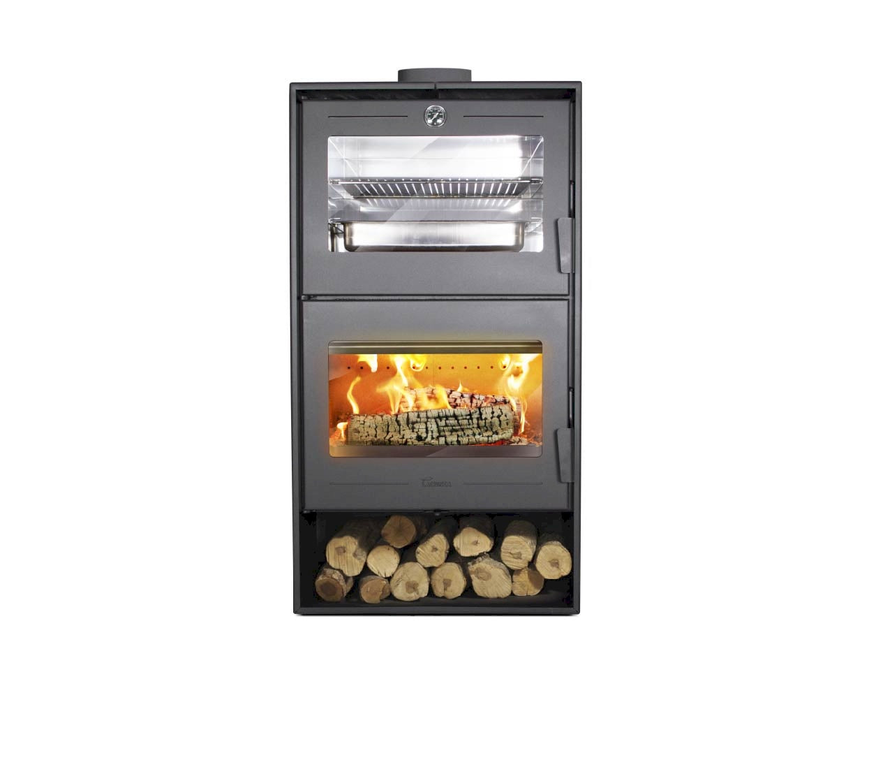 Frontal de la estufa Lacunza Altea con fuego real, mostrando el compartimento del horno superior y la cámara de combustión inferior.