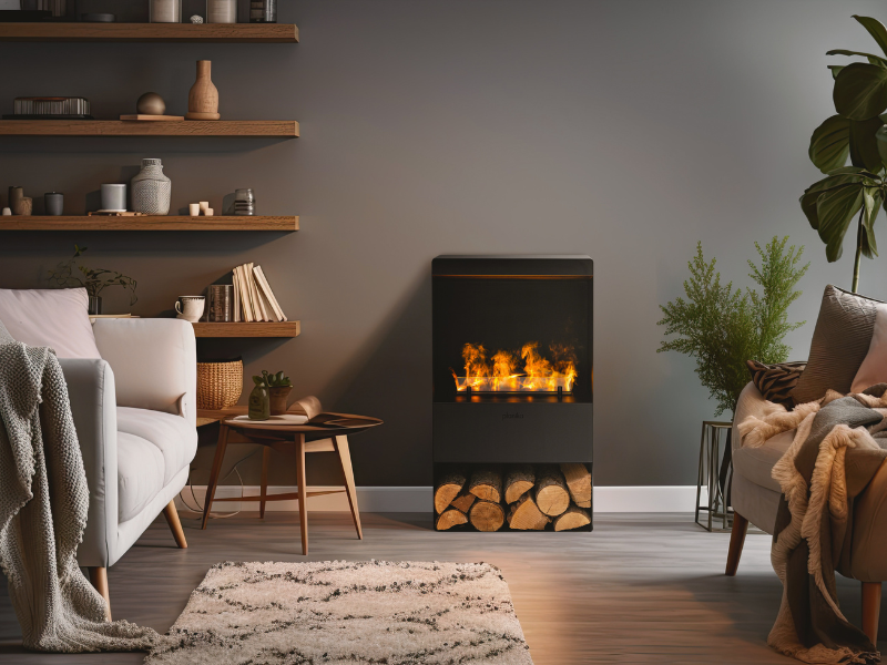 Chimenea de vapor de agua Steamy integrada en un salón moderno con decoración acogedora