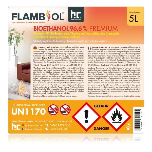Detalle de la etiqueta de seguridad y composición del bioetanol Hofer 96.6% Premium.