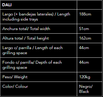 Especificaciones técnicas de la barbacoa Dalí: peso 130kg, largo total 181cm con bandejas y superficie de asado de 92x45cm