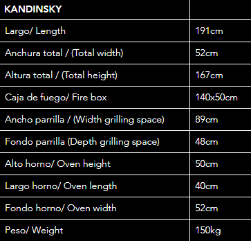 Datos técnicos de la barbacoa Kandinsky: peso 150kg, largo total 191cm, caja de fuego de 145x50cm y horno de 52cm de ancho