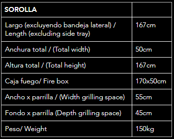 Datos técnicos de la barbacoa Sorolla: peso 180kg, largo total 164cm y doble parrilla de acero inoxidable