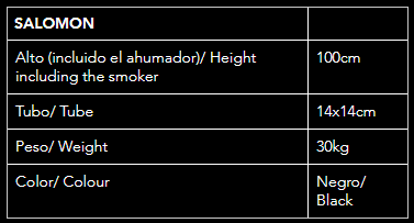 Especificaciones técnicas de la barbacoa Salomon: altura 158cm, peso 65kg y acabado en negro forjado resistente al calor.