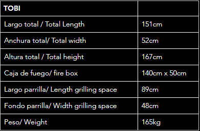 Especificaciones técnicas Tobi Premium: peso 160kg, caja de fuego de 145x50cm y altura total de 167cm para uso profesional.