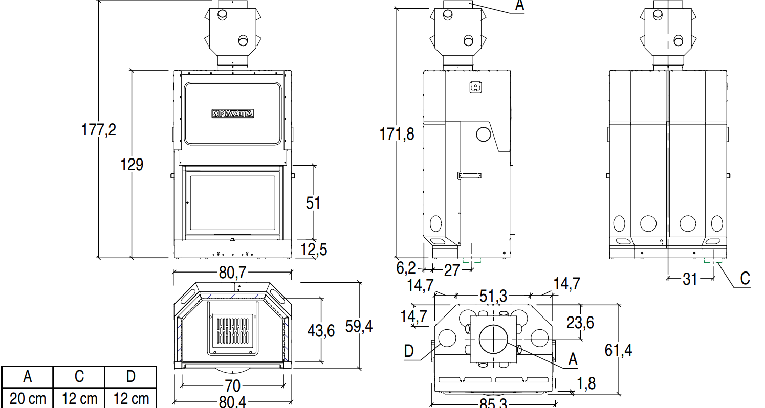 Plano técnico del modelo Piazzetta MA 260 SL Plus detallando las medidas del hogar, salida de humos y el intercambiador de calor superior