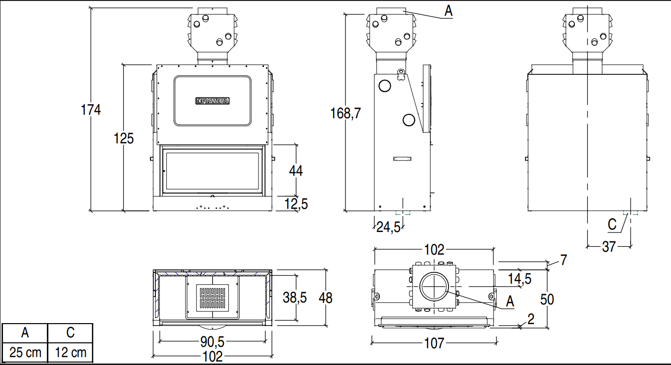 Plano técnico del modelo Piazzetta MA 263 SL Plus detallando sus dimensiones frontales, laterales y el sistema de intercambio de calor superior