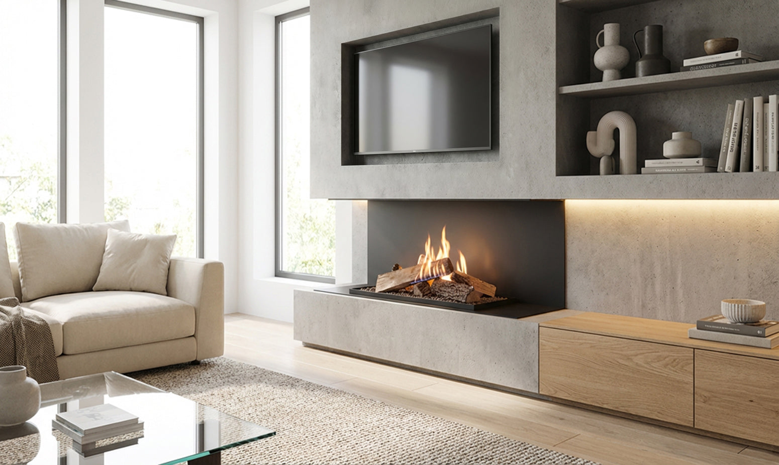 Quemador Flogs 990 integrado en un mueble de salón bajo la televisión con diseño limpio