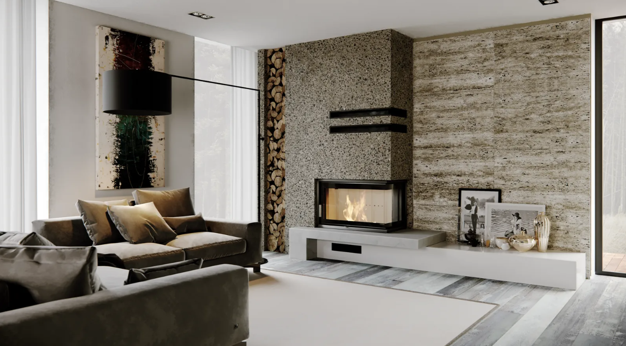 Chimenea de leña de esquina Defro Home Intra ME G instalada en un salón moderno con revestimiento de piedra natural y estante flotante.