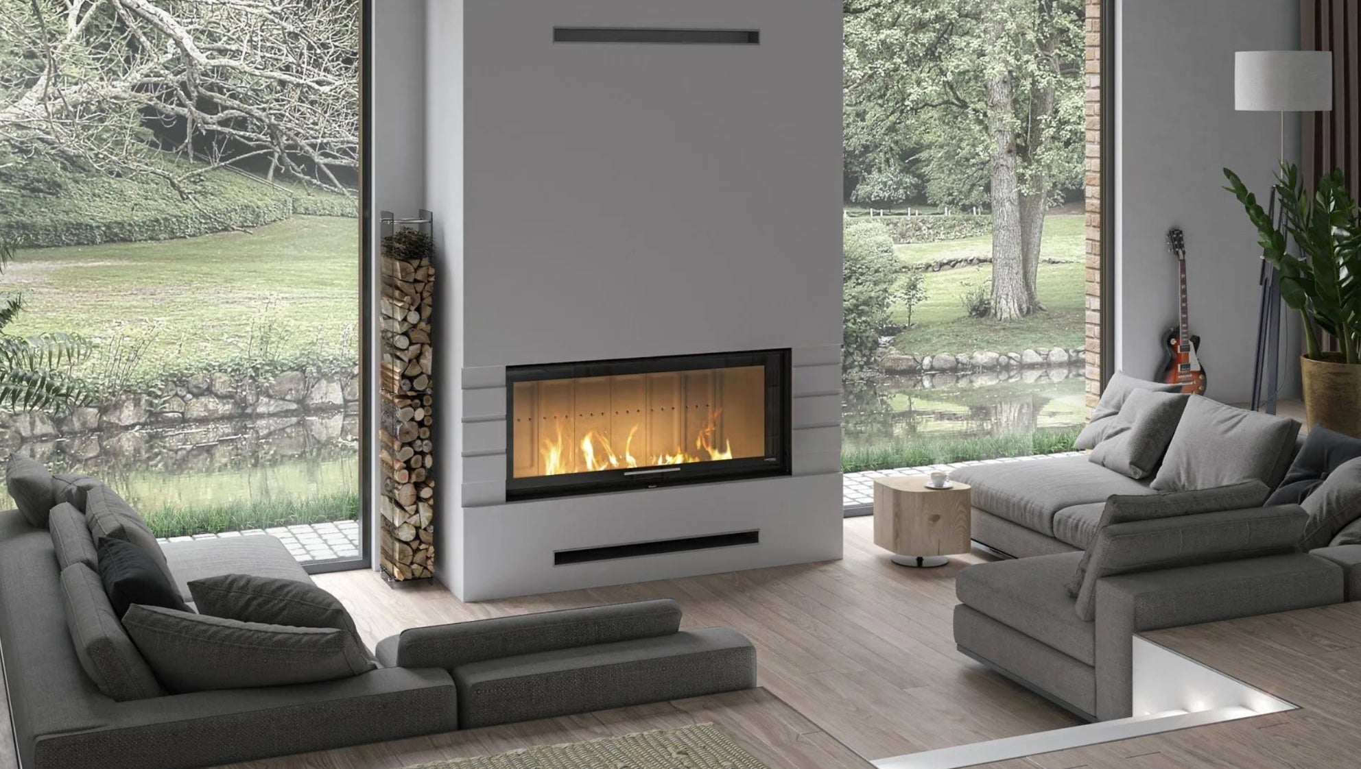 Inserto de leña Defro Home Intra LA G integrado en una chimenea moderna de salón con leñero vertical y vistas al exterior.