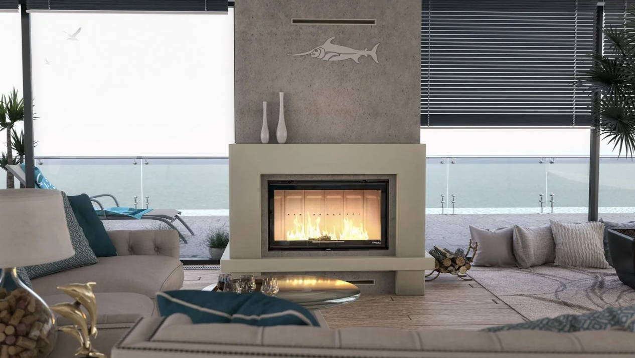 Insertable de leña Defro Home Intra ME instalado en una chimenea moderna con revestimiento gris y sistema de apertura vertical