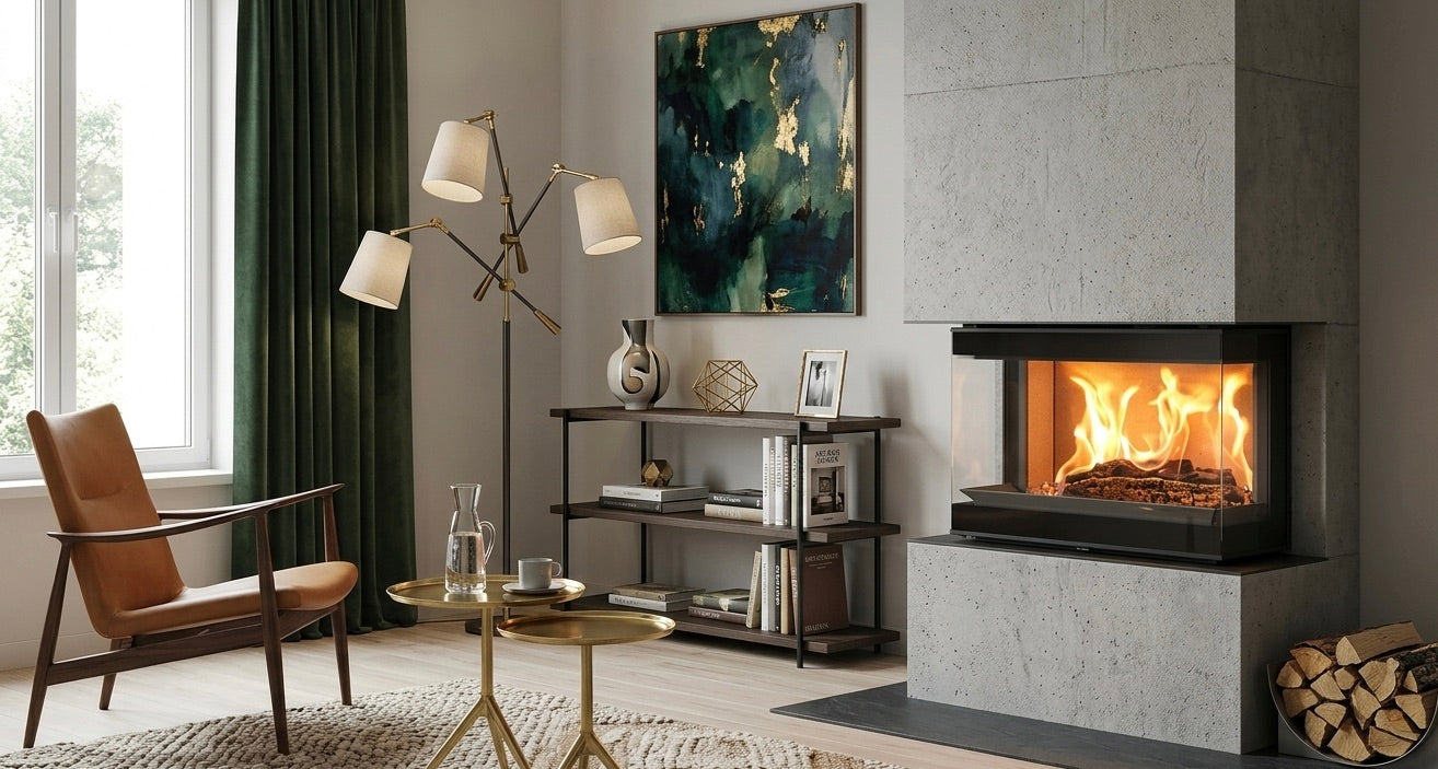 Insertable de leña Nobis Efrem 700.49 encastrado en una estructura de salón moderna con visión panorámica del fuego