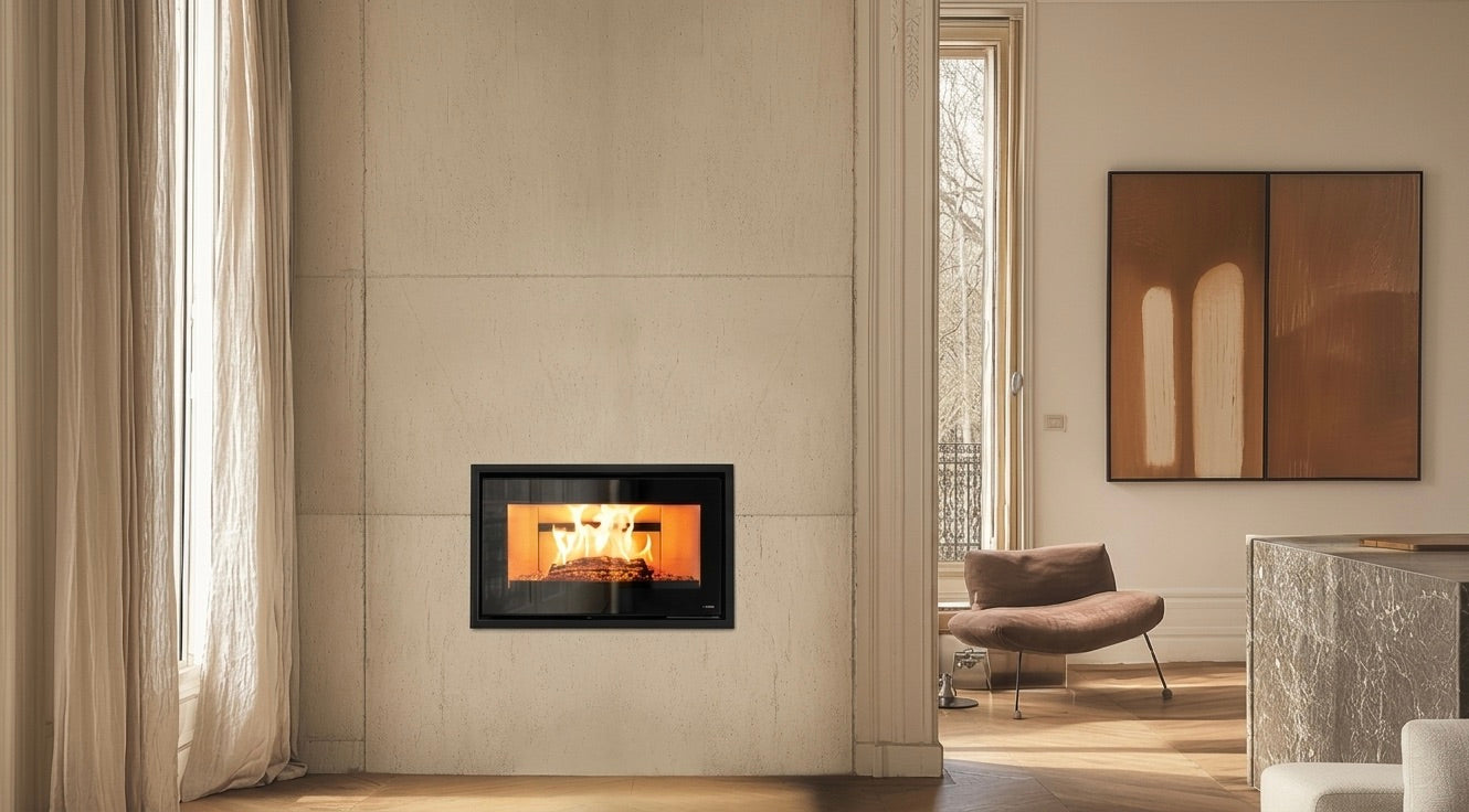 Insertable de leña panorámico Nobis Efrem 800.49 integrado en una pared minimalista con diseño de salón contemporáneo