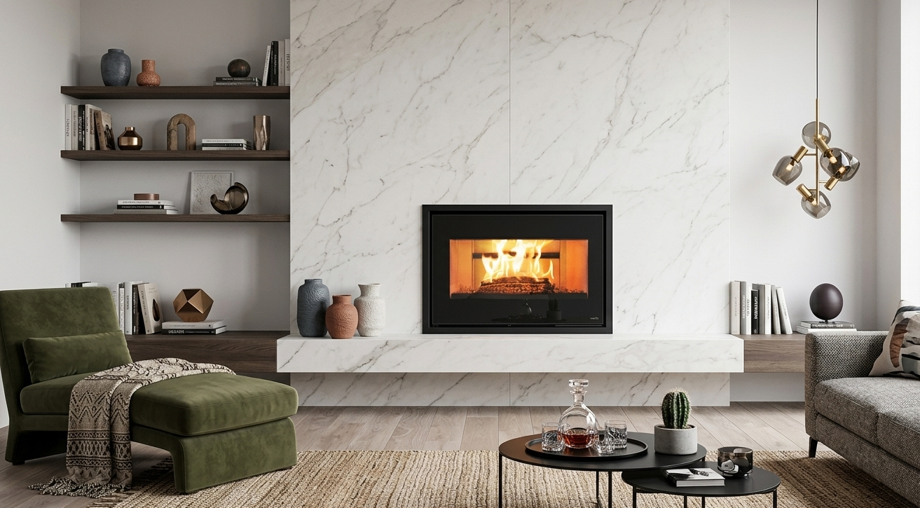 Insertable de leña Nobis Efrem 800.55 de gran formato instalado en un salón elegante con revestimiento de mármol blanco y decoración contemporánea