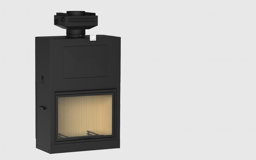 Hogar de leña monobloque Piazzetta MA 262 SL Plus con diseño panorámico extra ancho, puerta escamoteable e interior en Aluker.
