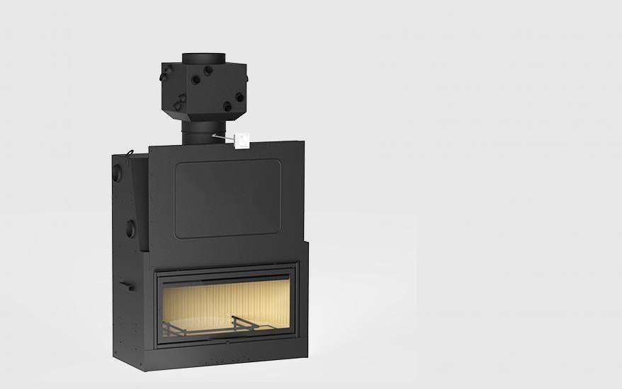 Hogar de leña monobloque Piazzetta MA 263 SL Plus con diseño panorámico extra ancho, puerta escamoteable de guillotina e interior en Aluker claro