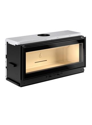 Hogar de leña monobloque Piazzetta MC 120/48 SL con formato extra ancho, puerta escamoteable de guillotina e interior de Aluker