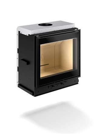 Hogar de leña monobloque Piazzetta MC 65/60 con diseño vertical, puerta de apertura lateral e interior de Aluker de alto rendimiento