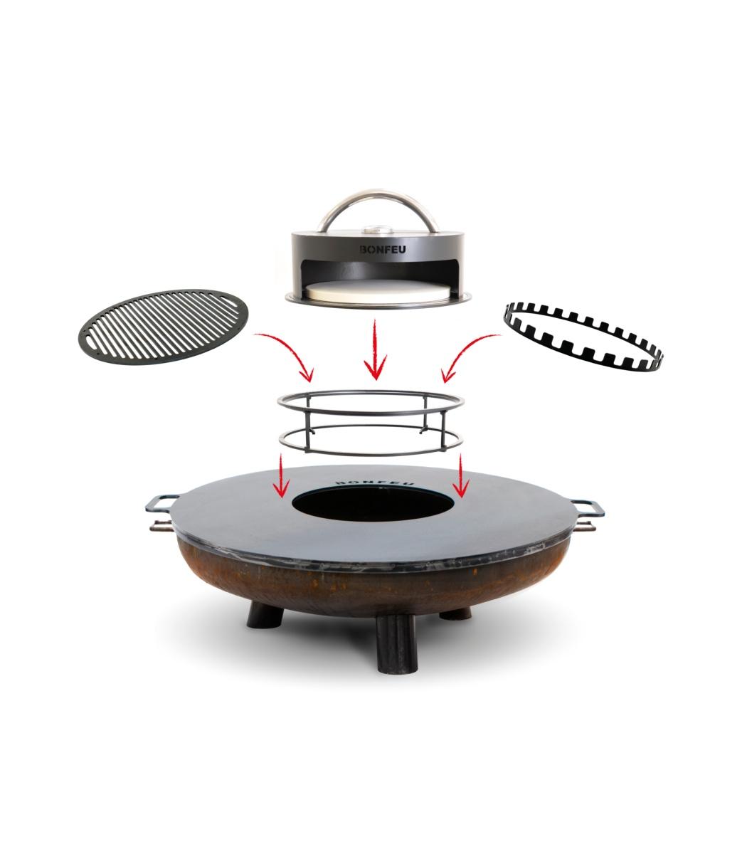 Infografía de todos los accesorios compatibles: parrilla, plancha y horno para BonBowl Plus.