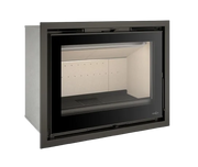 Insertable de leña Ferlux con marco minimalista negro, cristal serigrafiado y cámara de combustión con revestimiento cerámico blanco.
