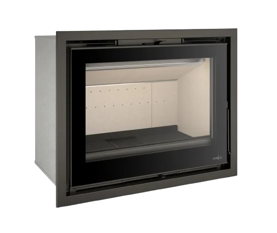 Insertable de leña Ferlux con marco minimalista negro, cristal serigrafiado y cámara de combustión con revestimiento cerámico blanco.