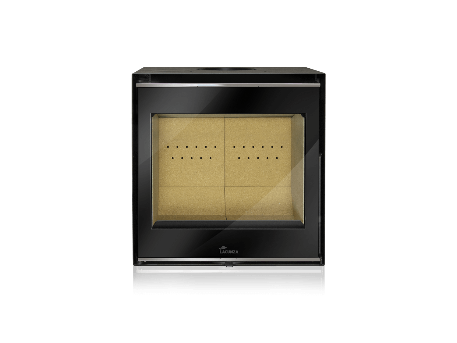 Vista frontal del insertable de leña Lacunza Adour con puerta de cristal serigrafiado negro