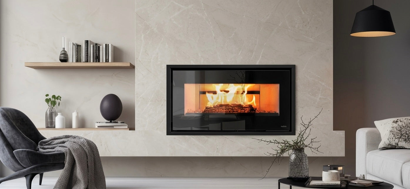 Hogar de leña panorámico Nobis Efrem 1000.55 integrado en una pared minimalista de diseño moderno con estante decorativo