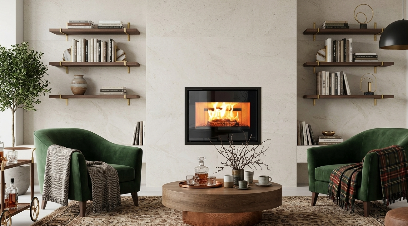 Hogar de leña Nobis Efrem 700.55 integrado en un salón de diseño con sillones verdes y estanterías de madera, destacando su formato cuadrado.