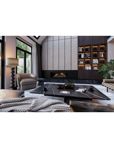 Chimenea DRU Virtuo integrada en mueble de salón a medida con estanterías iluminadas.