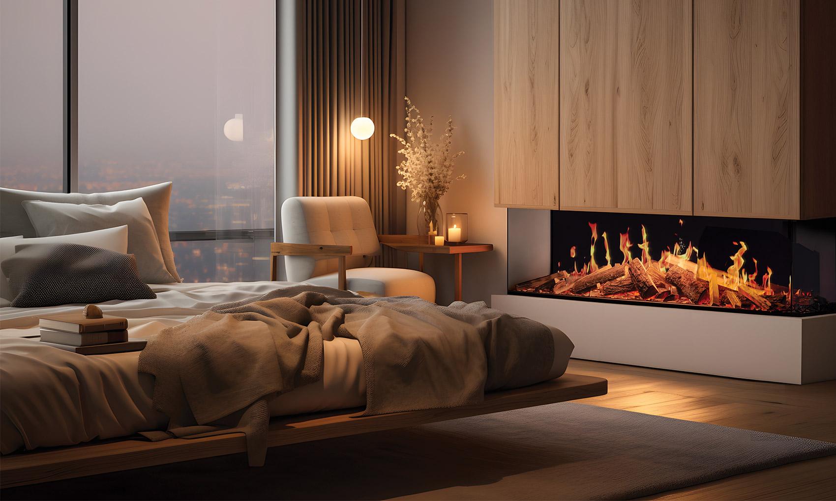 Chimenea Solution Trueflame 150 3DX instalada en suite de lujo bajo mueble de madera