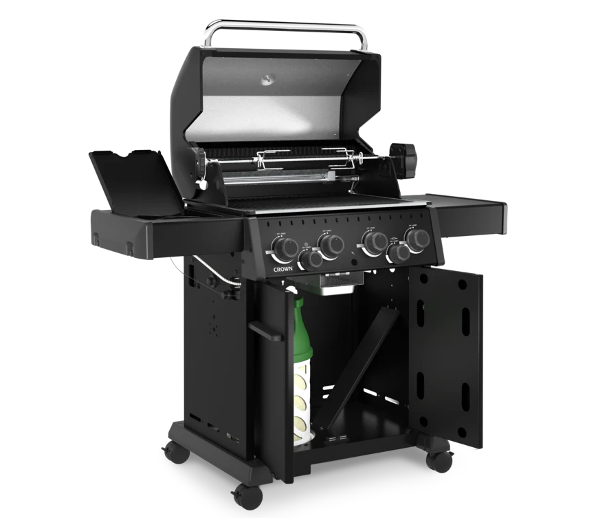 Detalle del armario inferior de la barbacoa Crown 490 Shadow para almacenamiento de gas y accesorios