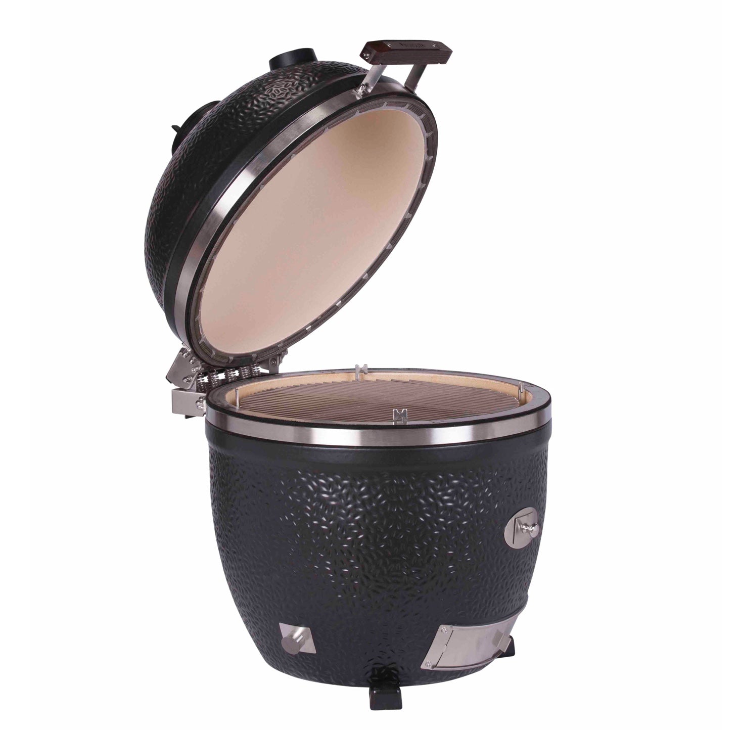 Interior del kamado Monolith Classic Avantgarde Solo abierto, mostrando el sellado de fibra de vidrio y la parrilla de acero inoxidable