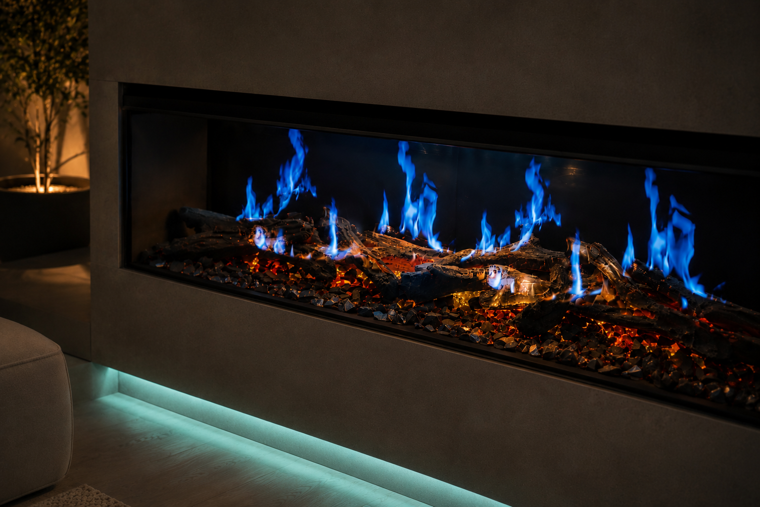 Chimenea eléctrica Kalcifer Zenya con configuración de llama azul eléctrica para un ambiente vanguardista y sofisticado