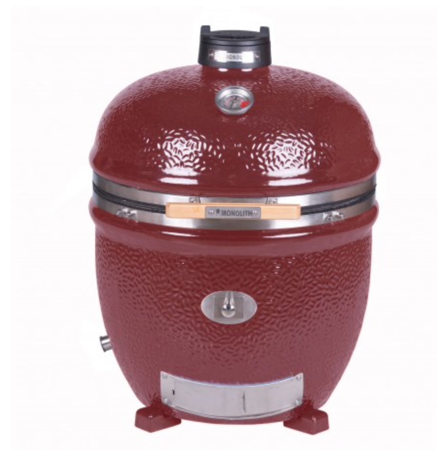 Kamado Monolith LeChef Serie Pro 2.0 Solo en color burdeos, ideal para instalaciones de cocina exterior personalizadas.