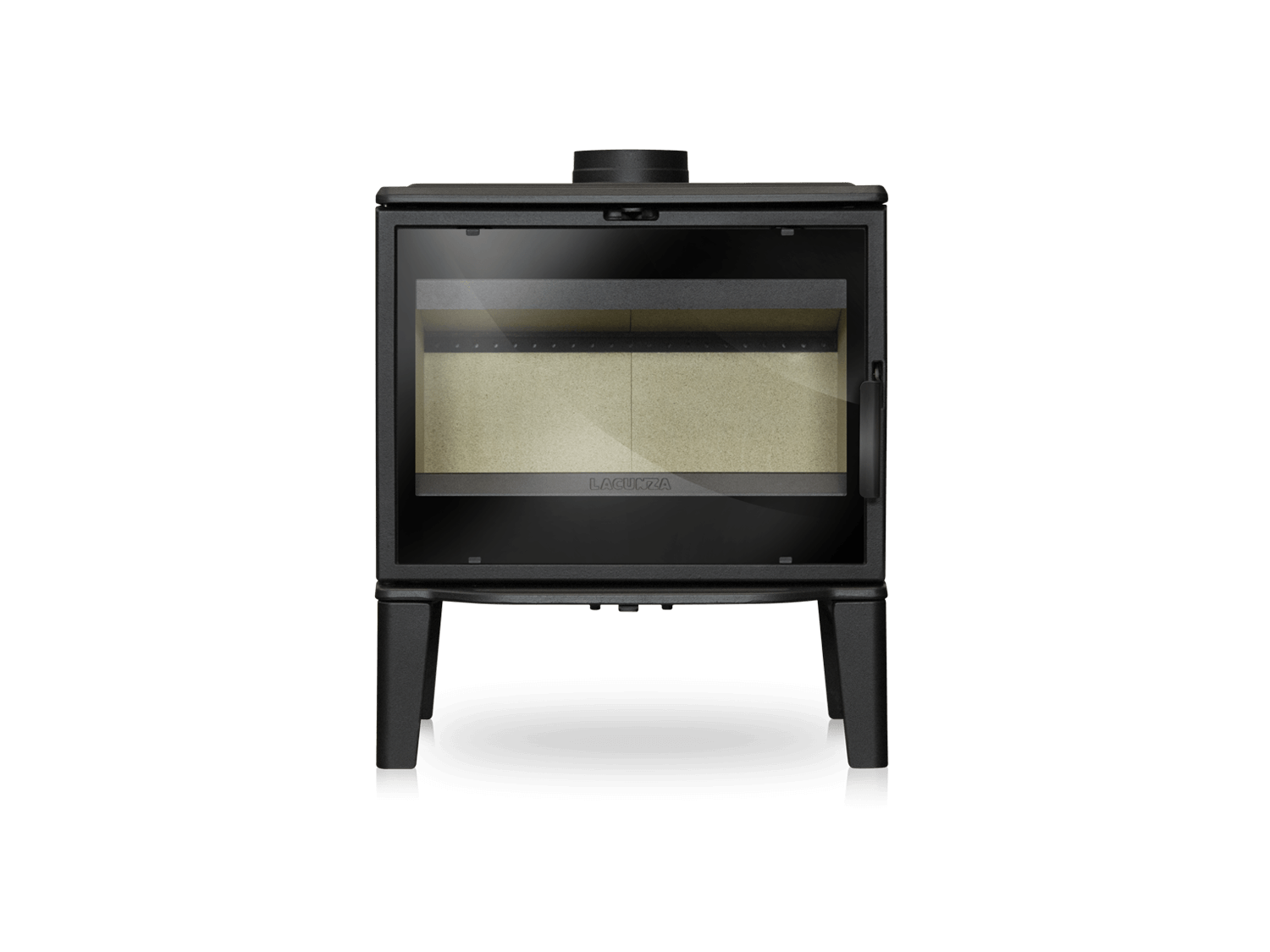 Estufa de acero Lacunza Biarritz de diseño horizontal y minimalista con cámara de combustión amplia.