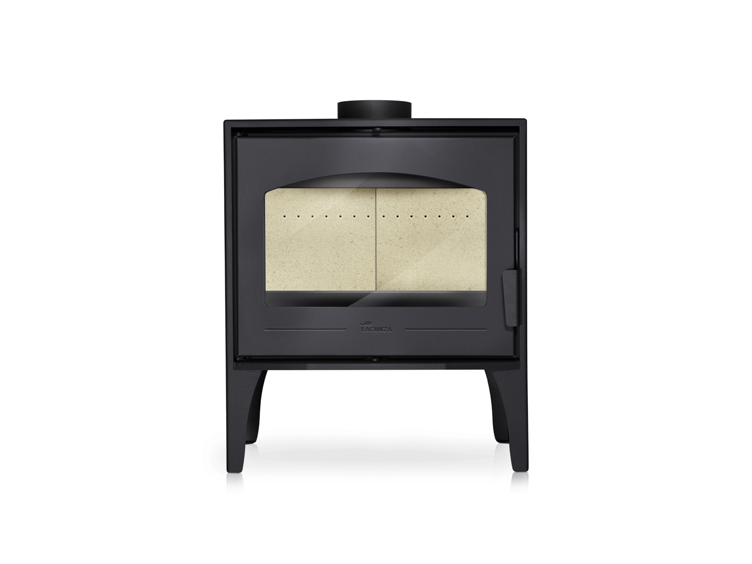 Frontal de la estufa Lacunza Calpe mostrando la cámara de combustión con revestimiento claro de vermiculita.