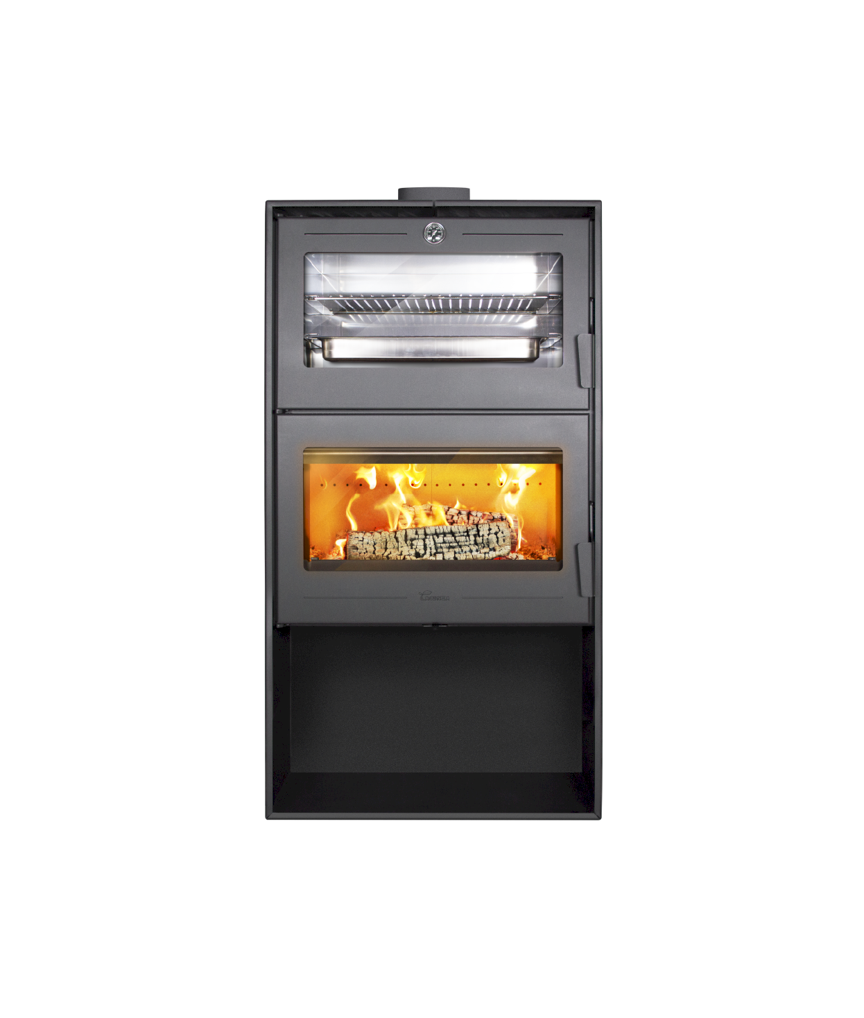 Frontal de la estufa Lacunza Oslo mostrando la cámara de combustión inferior y el amplio horno de acero inoxidable con termómetro.